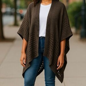 SOFT SURROUNDINGS  Open Front Brown Knit Over the Shoulder Cardigan Shawl Waffle